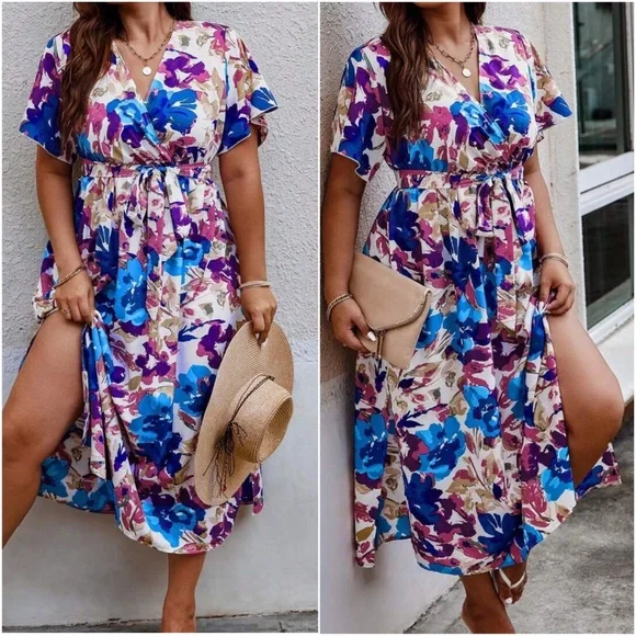 Plus Floral Print Butterfly Sleeve Dress - Picture 6 of 8